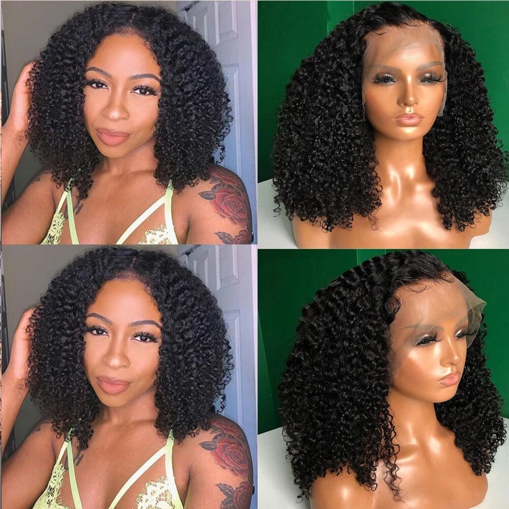 Black Bob Kinky Curly Middle Part Synthetic Lace Front Wigs for Woman With Babyhair Soft Heat Resistant Fiber Daily Wigs