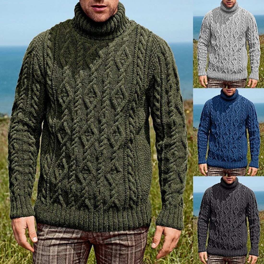 Puimentiua 4 Kleur Mannen Trui Effen Kleur Lange Mouw Turleneck Winter Gebreide Blouse Casual Plus Size Truien Trui