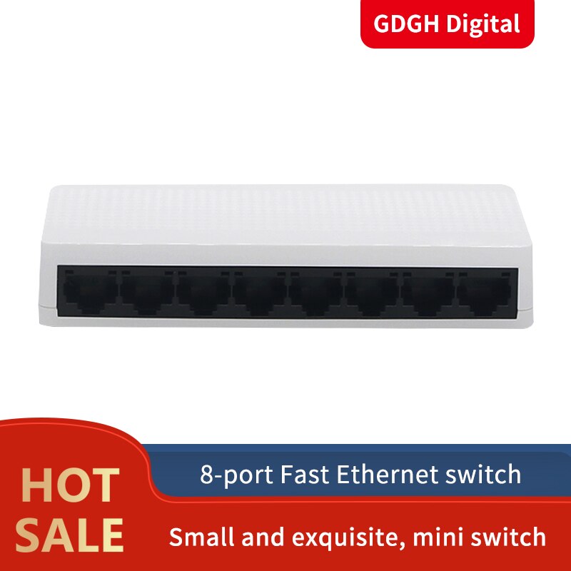 Glvision GLS108 8-Port Desktop Ethernet Switch, 10/100Mbps Auto-Negotiation RJ45 Poorten, auto Mdi/Mdix
