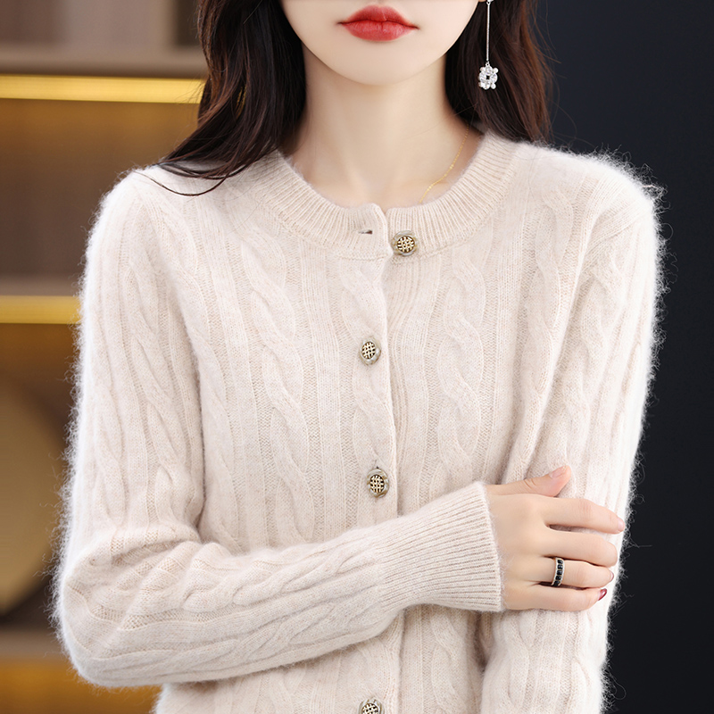 Cárdigan de Cachemira de visón para mujer, suéter con cuello redondo, abrigo de punto grueso, chaqueta holgada informal, camisas Base, Otoño, 100%: XL / Beige