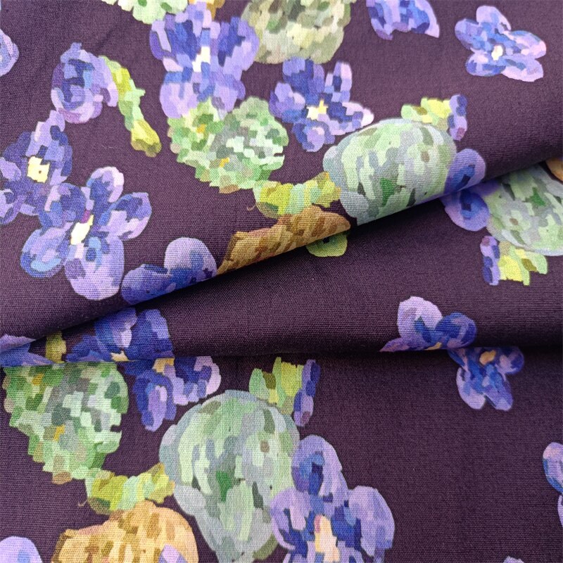 purple flower digital printing polyester cotton fabric custom summer thin dress shirt fabric