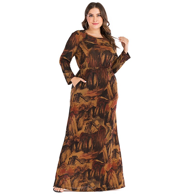 6XL Plus Größe Abayas Muslimischen Kleid Frauen Herbst Winter Langarm retro Druck Jahrgang max Lange Kleider Dubai Islamische Kleidung: XL
