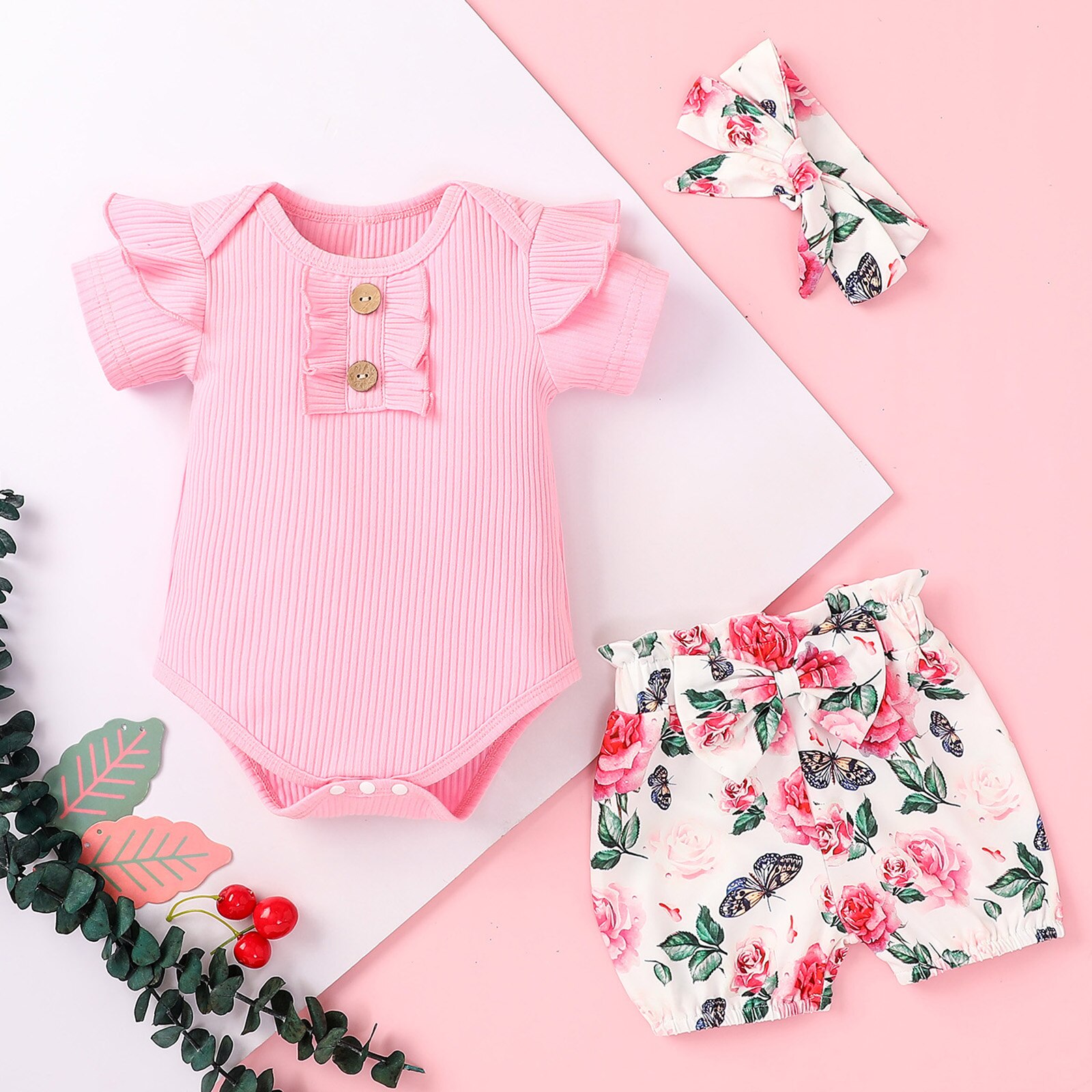 Vêtements d'été à la pour bébés filles, barboteuse à manches courtes à volants + Short imprimé floral + ornement de cheveux à nœud, 3 pièces