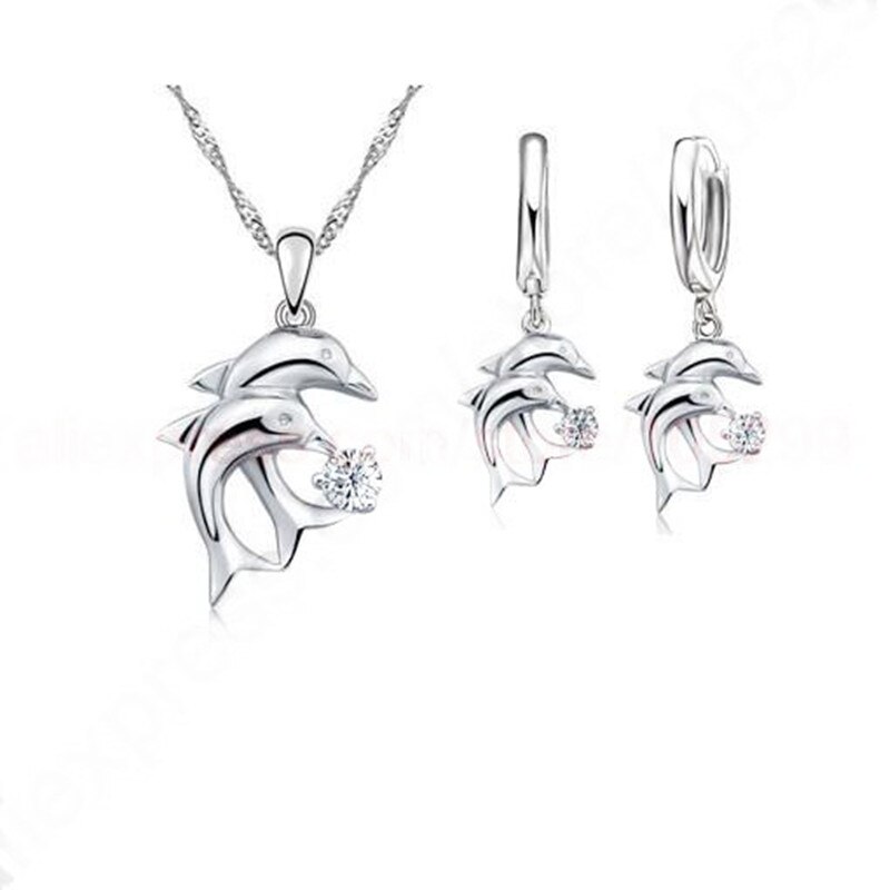 Doule Dolfijn Sieraden Sets 925 Sterling Zilveren Sieraden Witte Zirconia Hanger Ketting Lever Terug Earring