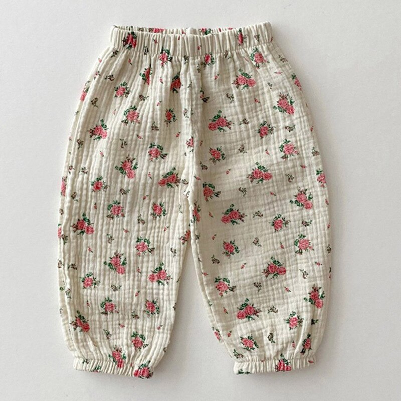 Summer Baby Clothes Linen Girls Pants Sweet Print Girls Trousers Boys Casual Pants: WHITE / 12M