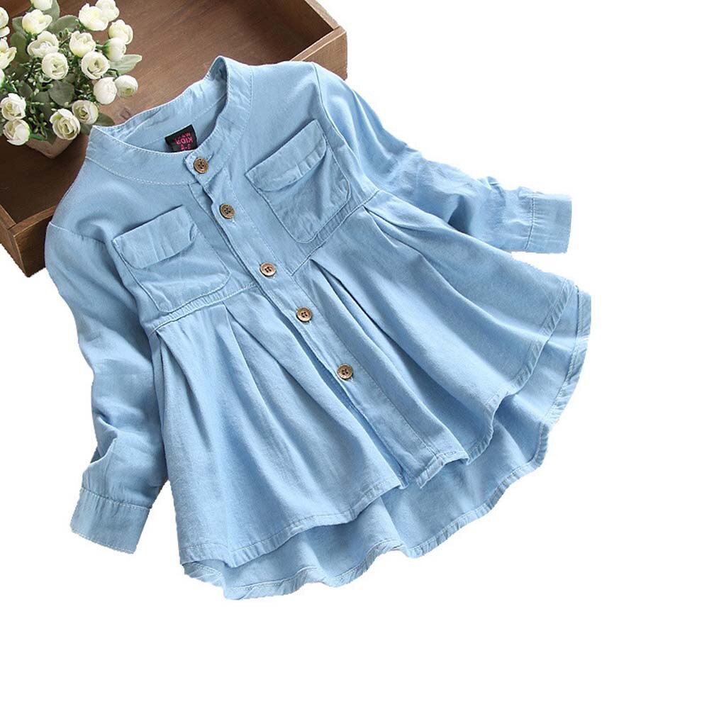 Denim Increspato Bambini Camicetta Camicia Del Bambino Del Capretto Del Bambino Delle Ragazze Del Manicotto Lungo casual Magliette e camicette Del Bambino Delle Ragazze della Camicetta Vestiti Del Bambino roupa infantil