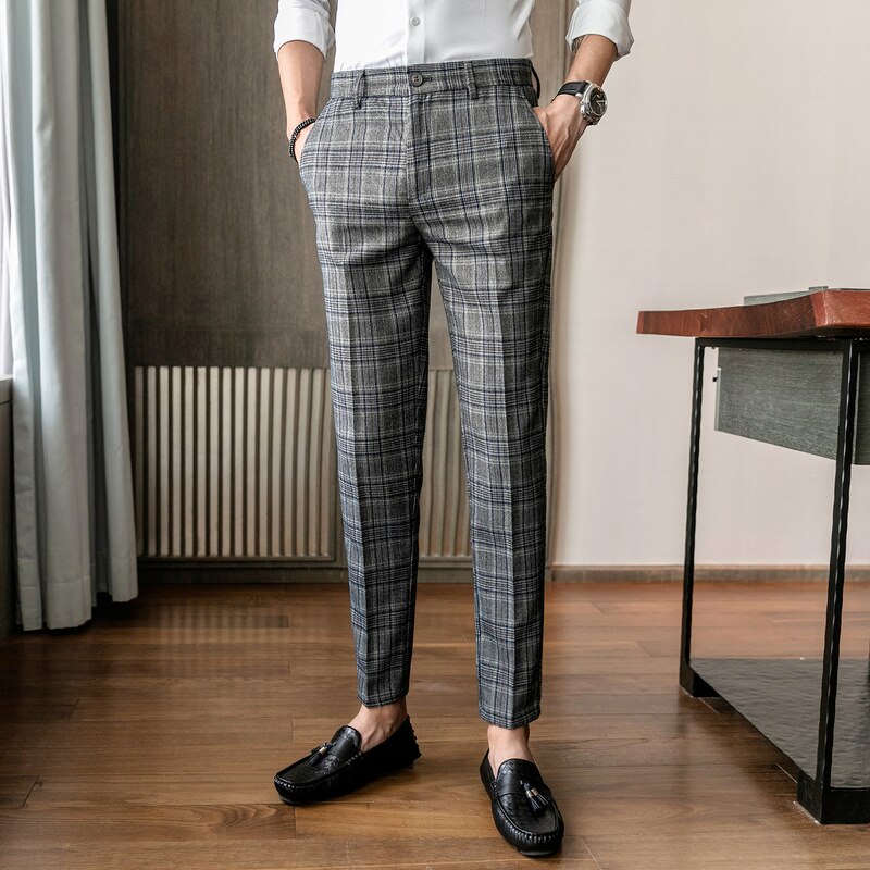 British Formal Suit Pants Men's Brown Classic Plaid Suit Pants Men's Casual Business Slim Office Work Pants Pants