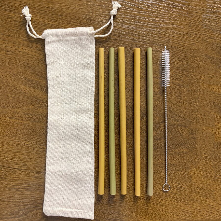 13/11/9/6-Pack Houten Bestek Bestek Set Bamboe Stro Servies Set Met Doek Tas Messen Vork lepel Reizen: 5pcs Straws