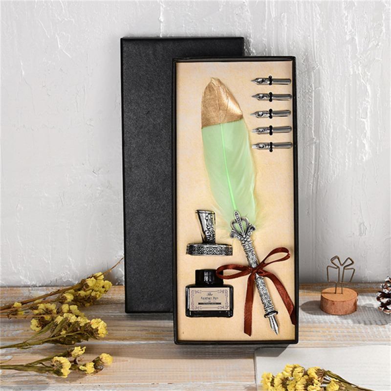 Vintage 1Set Kalligrafie Veer Dip met 5 Nib Quill Pen Schrijven Inkt Set Geschenkdoos Bruiloft Fontein pen