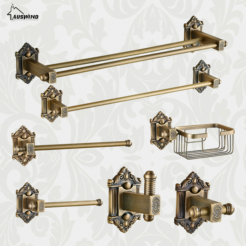 Vintage Bronze Bathroom Accessories European Brushed Solid Brass Bathroom Hardware Set Wall Mounted Carved Bathroom Products