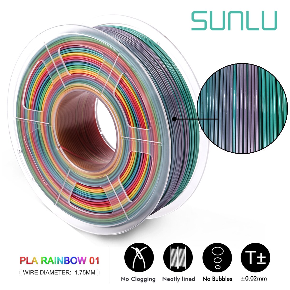 SUNLU PLA Filament 3D Printer Filament PLA Rainbow Plastic 3D Filaments 1.75MM 1KG Dimension Accuracy +/-0.02mm