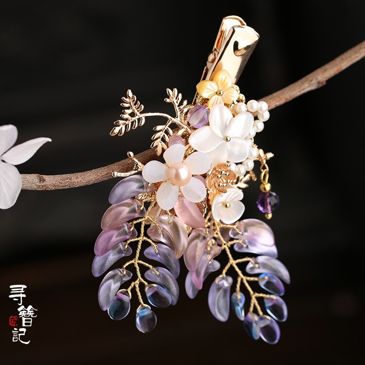 Handmade Wisteria flower Hair Clip Kanzashi Hair accessories Hanfu headdress Ancient style Pearl Hairpin Gradient Duckbill clip