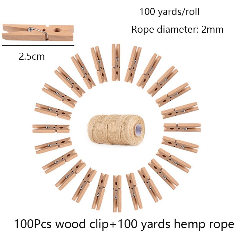Pinza para fotos de madera de 100 Uds., pinza de madera decorativa, cuerda de cáñamo de 100 yardas, pinzas para ropa de almacenamiento para el hogar, pinzas decorativas: 2.5cm