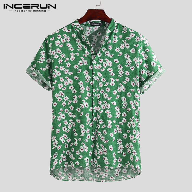 hommes fleur imprimé chemise à manches courtes col rabattu chemise décontracté boutons amples Blouse homme été hawaïen hauts grande taille: Green / L