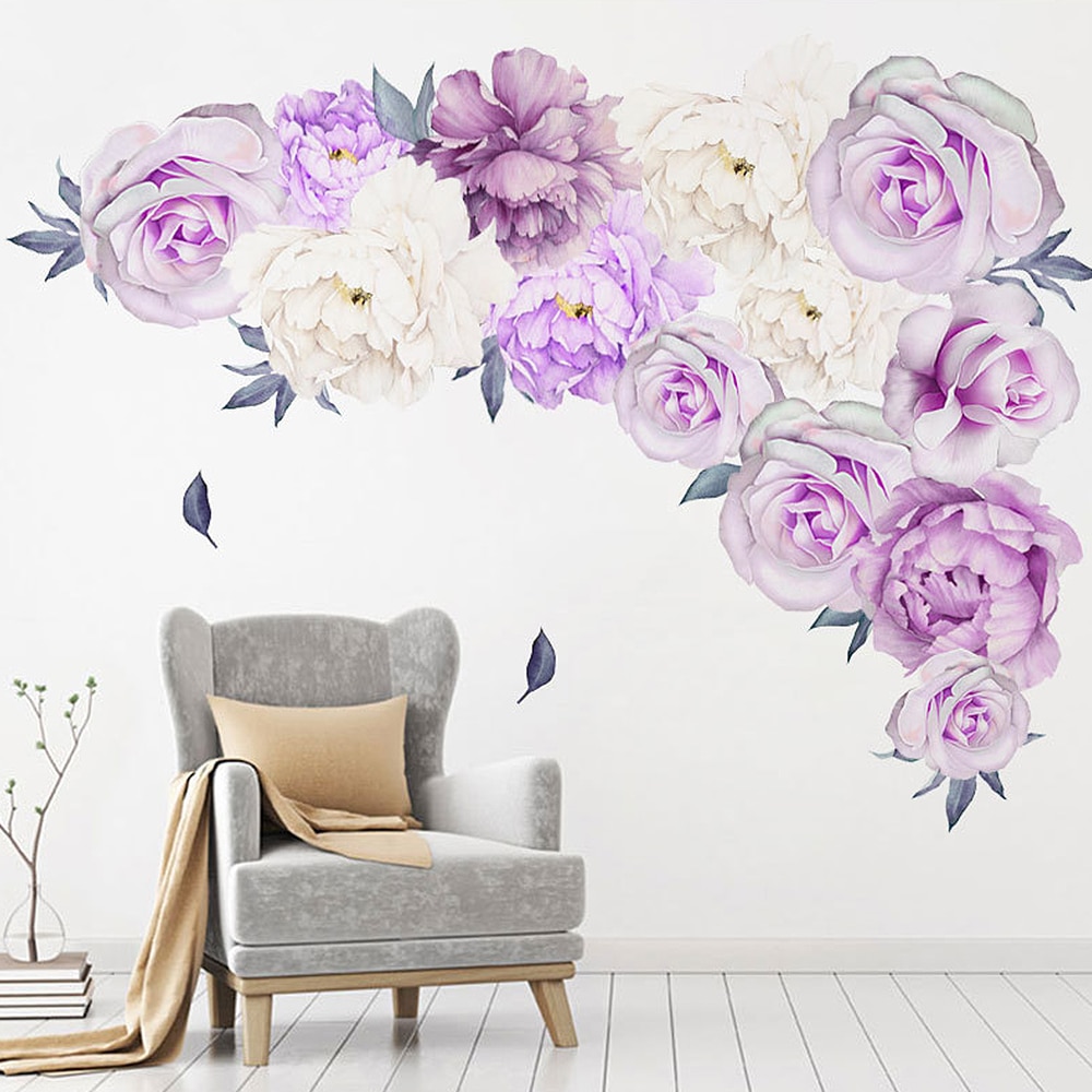 60x60cm Large Purple Peony Flower Wall Stickers Romantic Flowers Home Decor for Bedroom Living Room DIY Vinyl Wall Decals