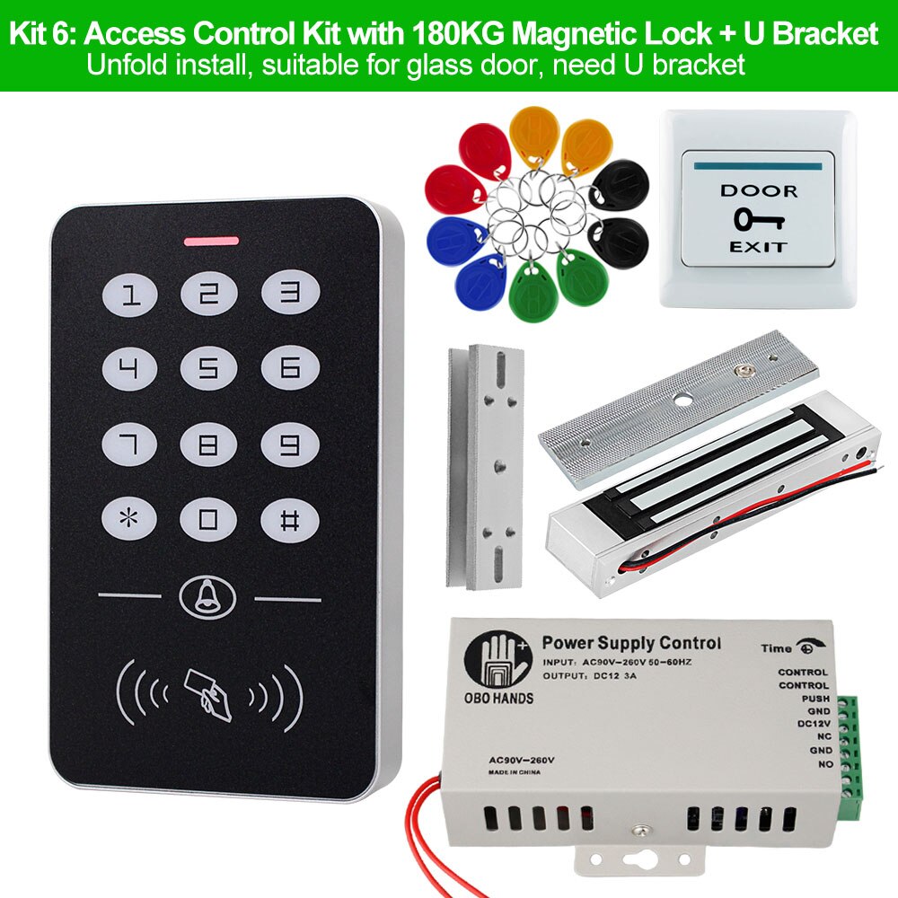 OBO Door Access Control System RFID Keypad EM Card Reader + Power Supply + Electronic Magnetic Lock Bolt Strike Locks for Home