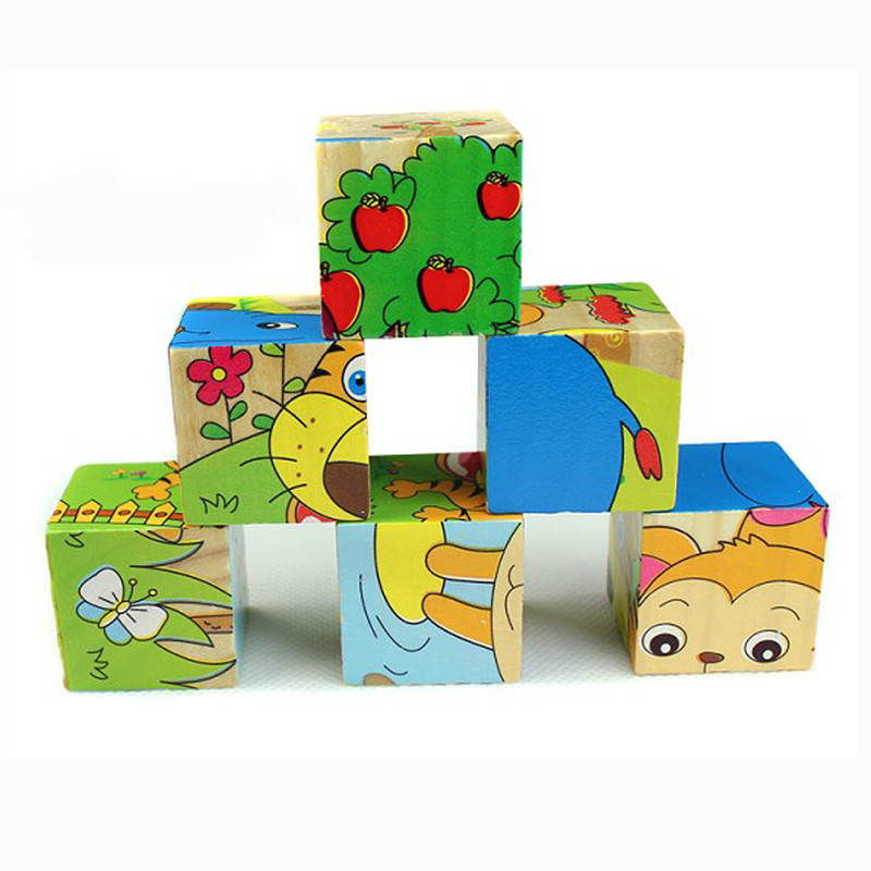 Kid Houten Cartoon Dier Puzzel Speelgoed 6 Zijden Wijsheid Jigsaw Early Education Learning Speelgoed Voor Kinderen Spel 9 Pcs Enkele 3D Puzzel