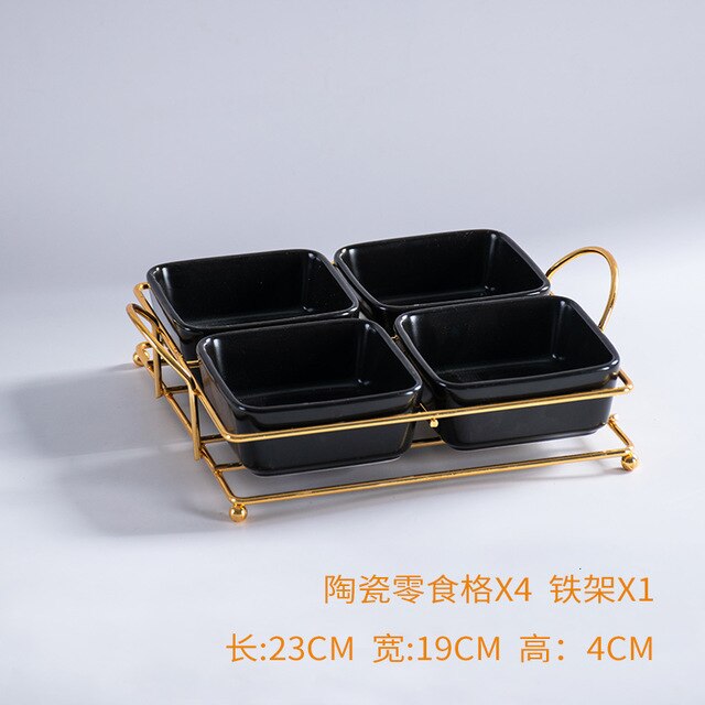 Ceramic Food Tray Dessert Serving Cake Trays Decorative with Iron Stand Kitchen Grid Nut Snack Candy Organized Decoration Trays