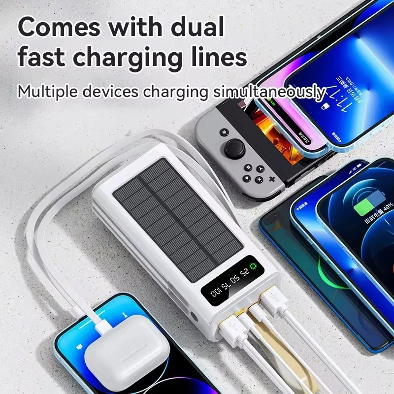 50000 mah solcelle-powerbank med stor kapacitet, indbyggede kabler, eksternt batteri, led-lys, bærbar oplader til iphone