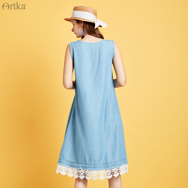 ARTKA Summer Women Dress Simple Denim Dresses A-Line One Piece Lace Dress O-Neck Sleeveless Long Dress LN25001X
