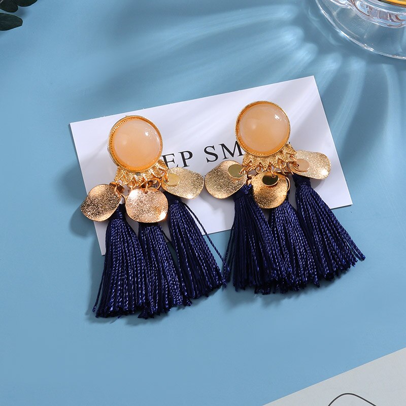 Bohemian Tassel Earrings for Women Cotton Silk Fabric Long Fringe Dangle Earrings Party Female Jewelry: Blue 11