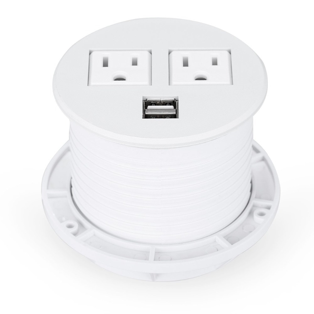 Desktop Power Grommet Hub 2 Power Socket & Dual USB Ports For Office Desk Table Durable Plastic Top (White) with 6 FT Power Cord