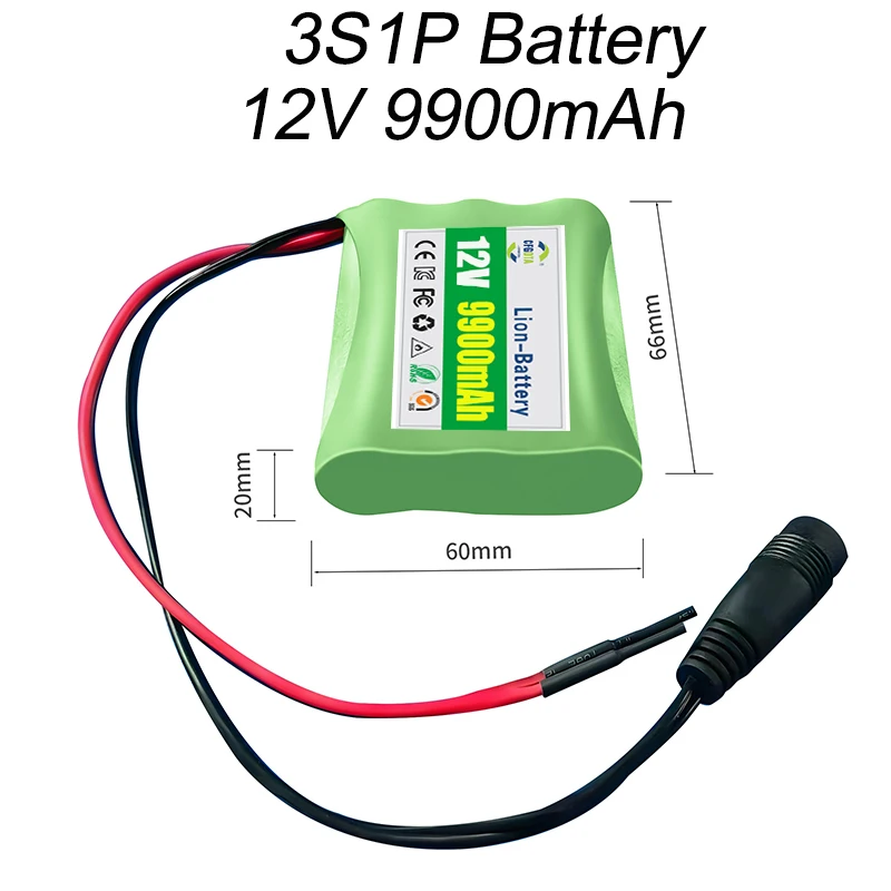 3s1p-Batterien 18650 wiederaufladbarer Akku 12 V 9900 mAh 18650 Lithium-Ionen DC 12,6 V Super-Ersatzakku + 12 V 1 A Ladegerät