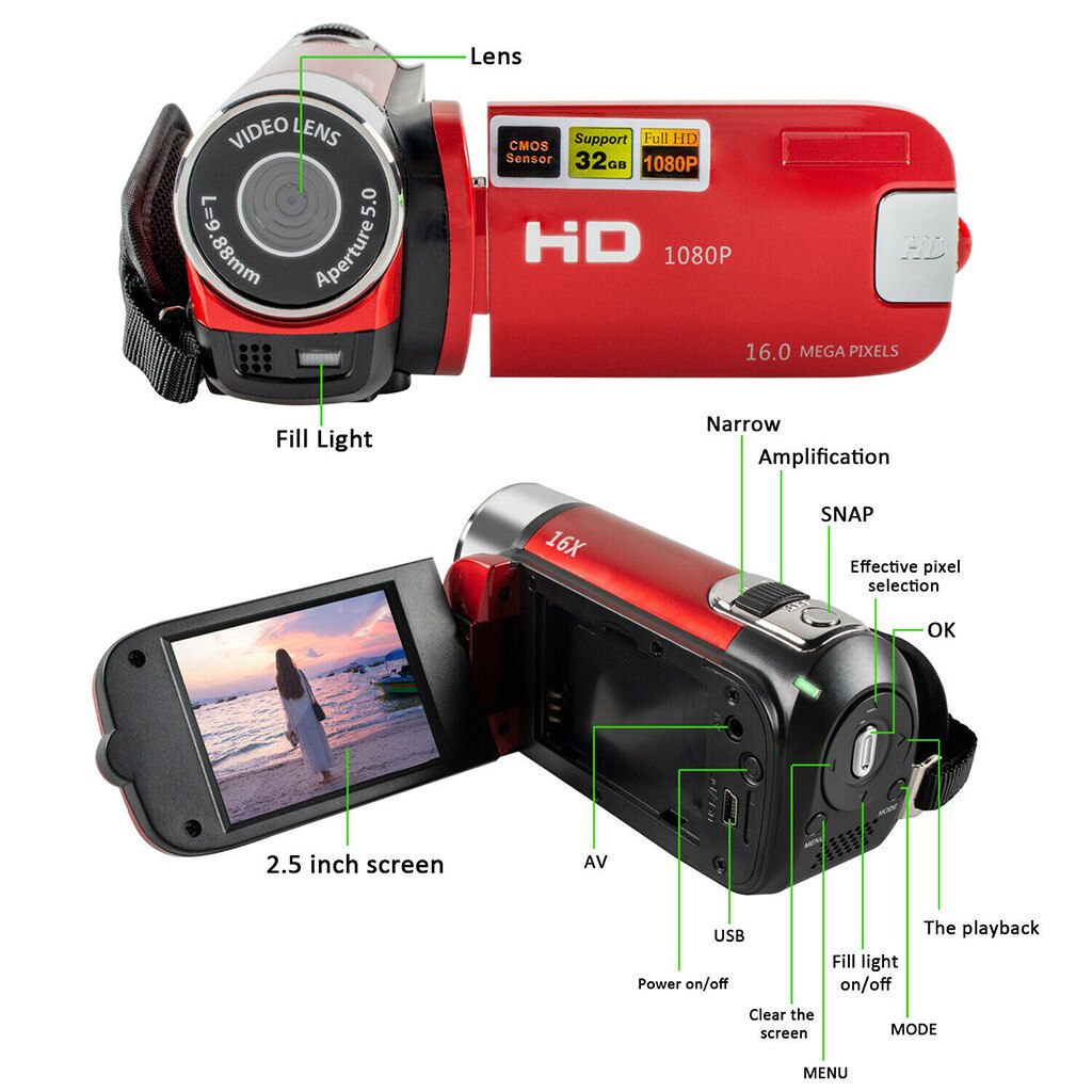 IN STOCK ! Full HD 1080P Video Camera Digital Camcorder High Definition ABS FHD DV Cameras with USB Cable: Red
