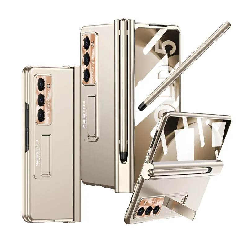 Luxe Pc Case Voor Samsung Galaxy Z Fold 5 3 4 Case Met S Pen En Pen Houder Scharnier Bescherming Ingebouwde Screen Protector Stand: Canvas / Goud