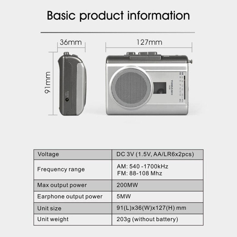 Walkman – lecteur Cassette avec haut-parleur intégré, Microphone, prise casque, pour écouter de la musique, apprendre la langue