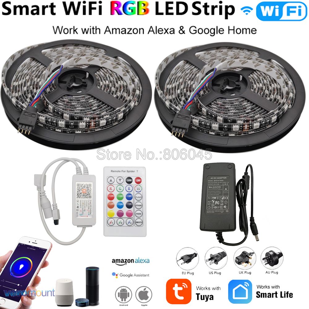 12V 5050 Black PCB Flexible RGB LED Strip 60LED/M+ Tuya Smartlife Wifi Controller Alexa Google Home Voice Control + Power Set