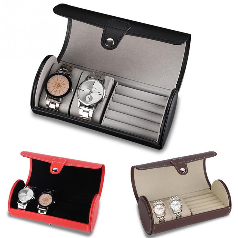 Bærbar rejse urkasse kasse rulle 2 slot ur arrangør opbevaring rejsetaske ring øreringe smykker opbevaringsboks horloge kasse