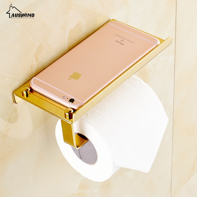 Guld toiletpapirholder rustfrit stålresistent tissuepapirstativ med telefonholder poleret finis badeværelse tilbehørssæt