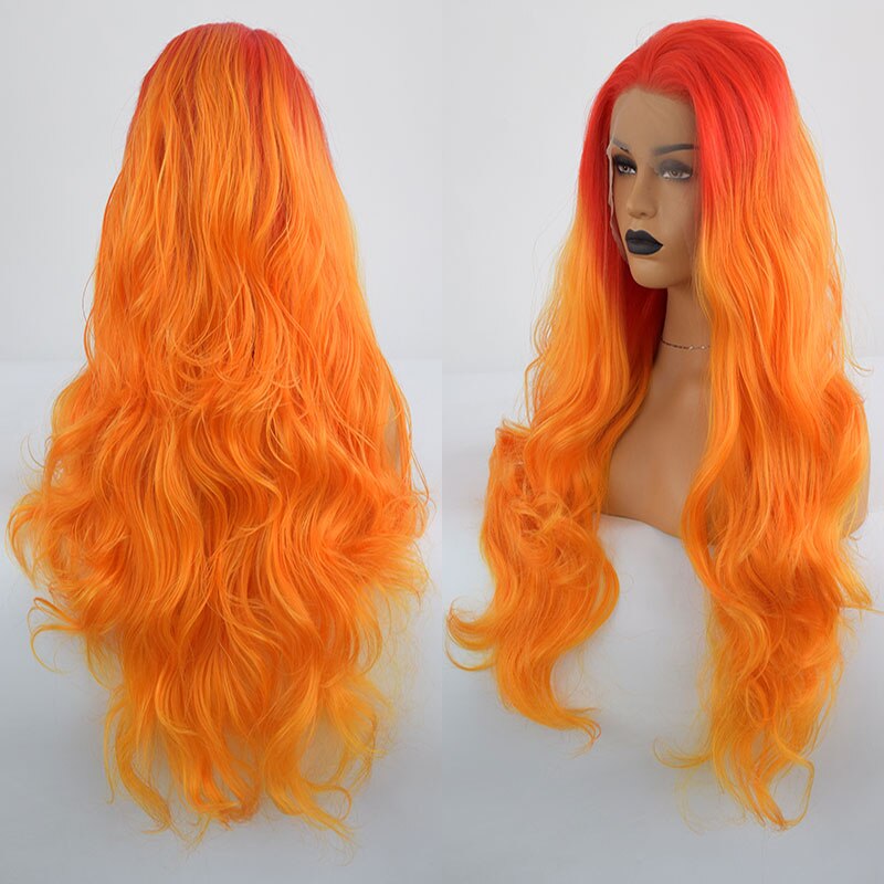 Bombshell Red Ombre amarillo, Peluca de pelo sintético naranja con malla frontal Body Wave fibra resistente al calor pelo División media para peluca de mujer