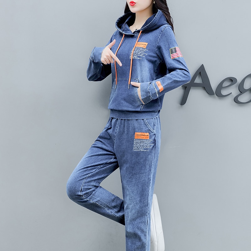 Co-ord Set Denim Two Piece Set Women Hoodies Pant – Grandado