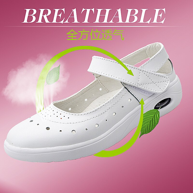 Zapatos planos de plataforma plana de cuero con punta redonda de zapatos Mary Jane para mujer, bailarinas de goma antideslizantes, zapatos planos blancos de verano para enfermera de carrera.