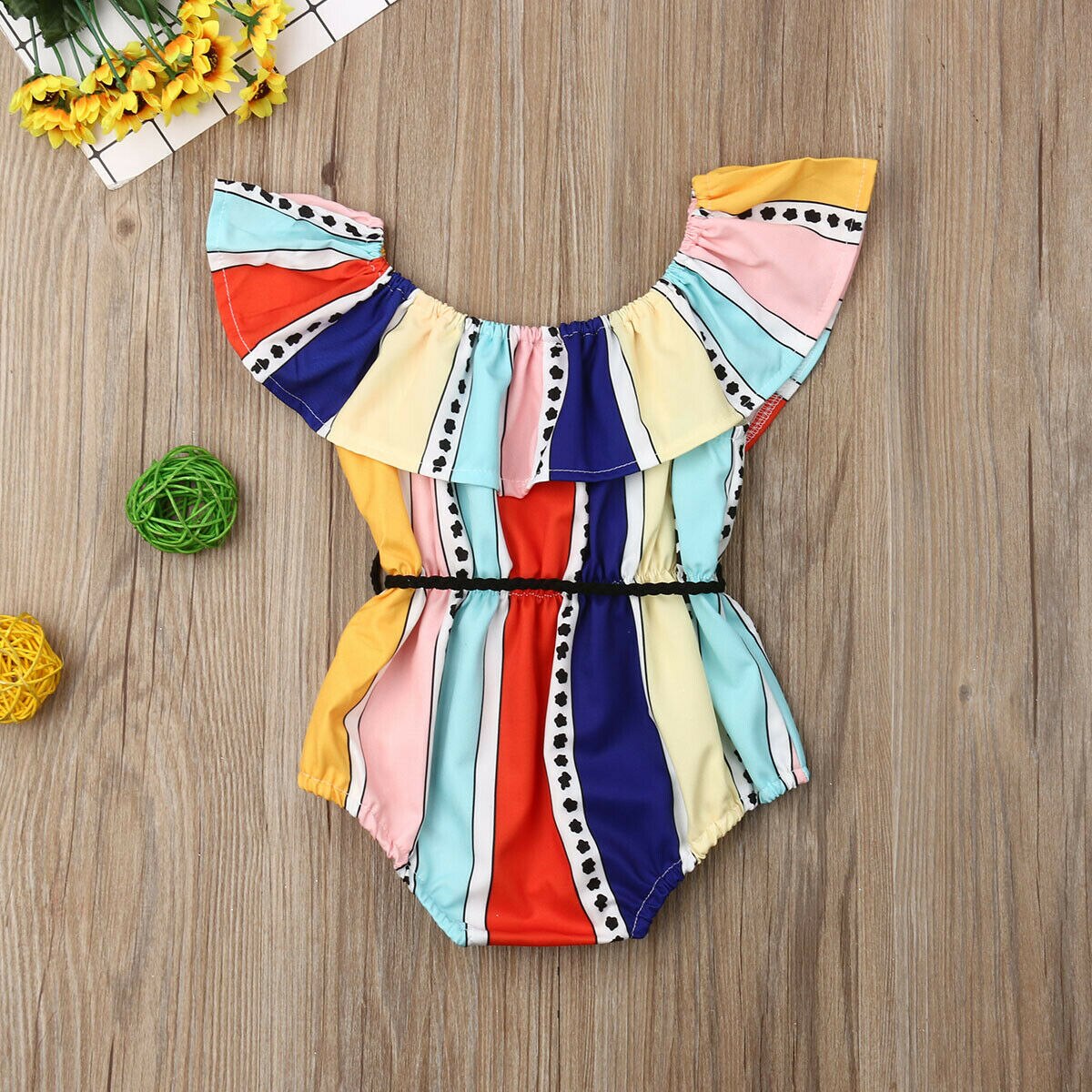 Baby Summer Clothing 0-24M Infant Toddler Baby Kid Girl Colorful Striped Bodysuit Off Shoulder Jumpsuit Sunsuit Clothes