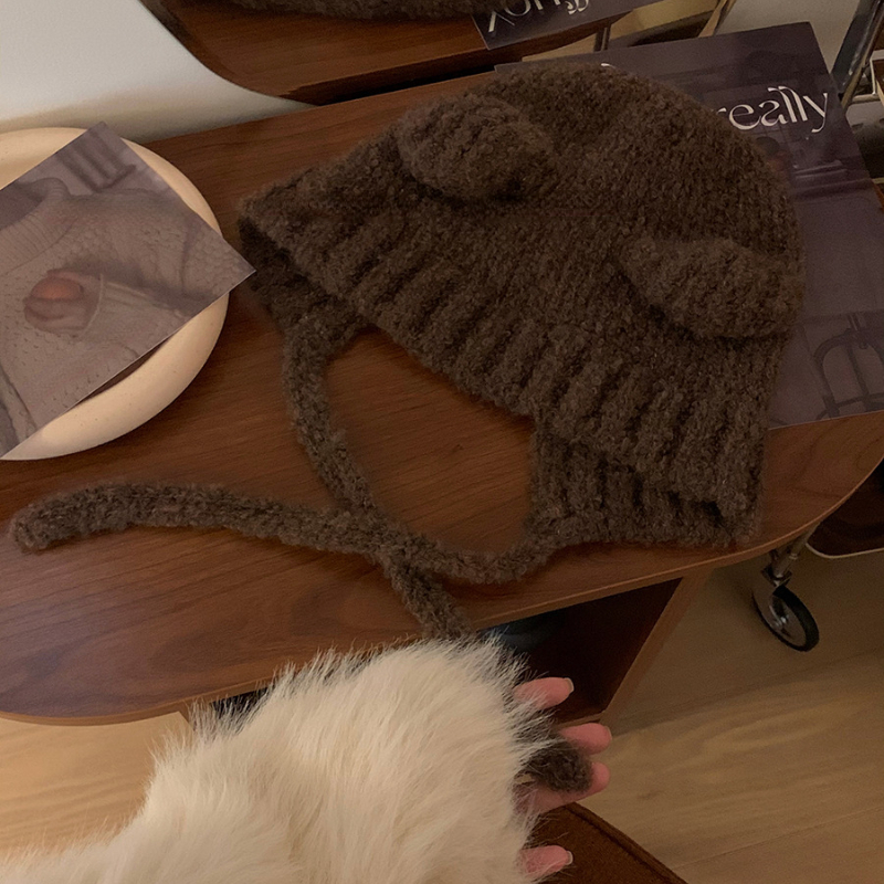 Japanse Kawaii Vrouwen Hoeden Schattige Beer Oren Pluche Mutsen Herfst En Winter Warm Gehoorbescherming Gebreide Touw Bommenwerper Hoed: Rood