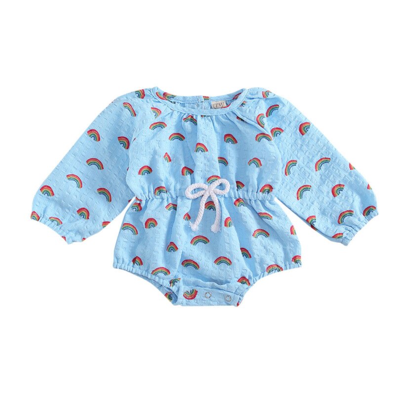 Focusnorm 0-18m schattige baby meisjes jongens bodysuits lange mouwen regenboog print katoenen jumpsuit eendelig 4 kleuren: Blauw / 18m