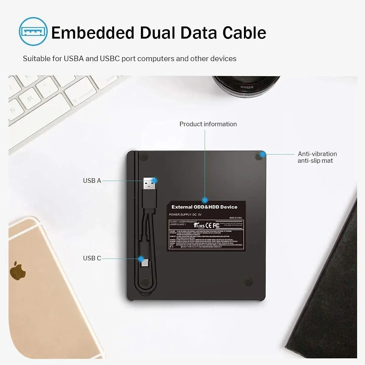 7 in 1 External CD/DVD Drive USB 3.0 Type C Portable DVD Player CD Burner External Disk Drive for Desktop Mac Windows Linux