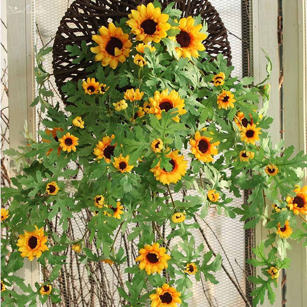 Sunmade Muur Gemonteerde Zonnebloemen Zijde Kunstbloemen Zonnebloem Rotan Huis Tuin Decoratie Muur Opknoping Flores Artificales