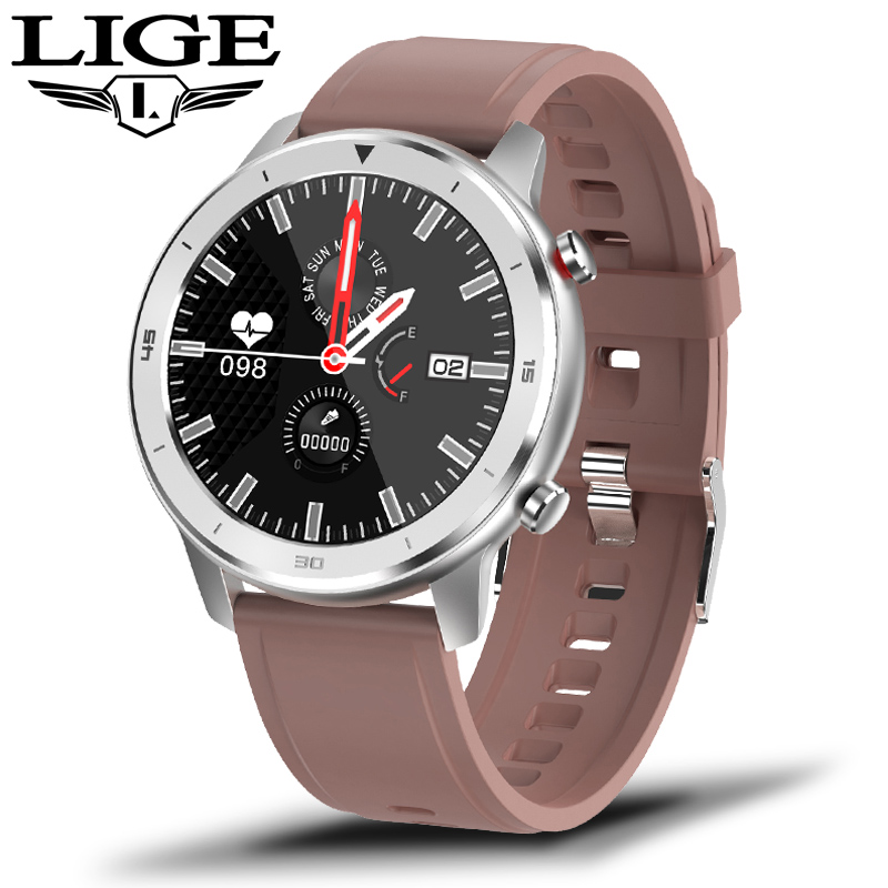 LIGE IP68 étanche montre intelligente hommes fréquence cardiaque surveillance de la pression artérielle plein écran tactile contrôle de la musique Sport Smartwatch: Silver brown