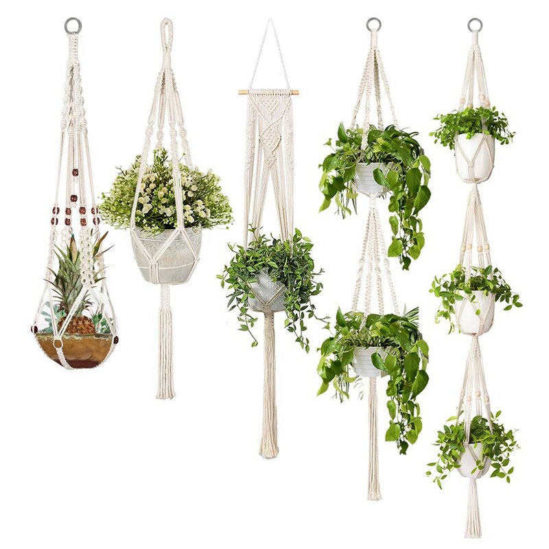 ELEG-5-Pack Macrame Plant Hangers, Different Tiers, Handmade Cotton Rope Hanging Planters Set Flower Pots Holder Stand, For Indo: Default Title