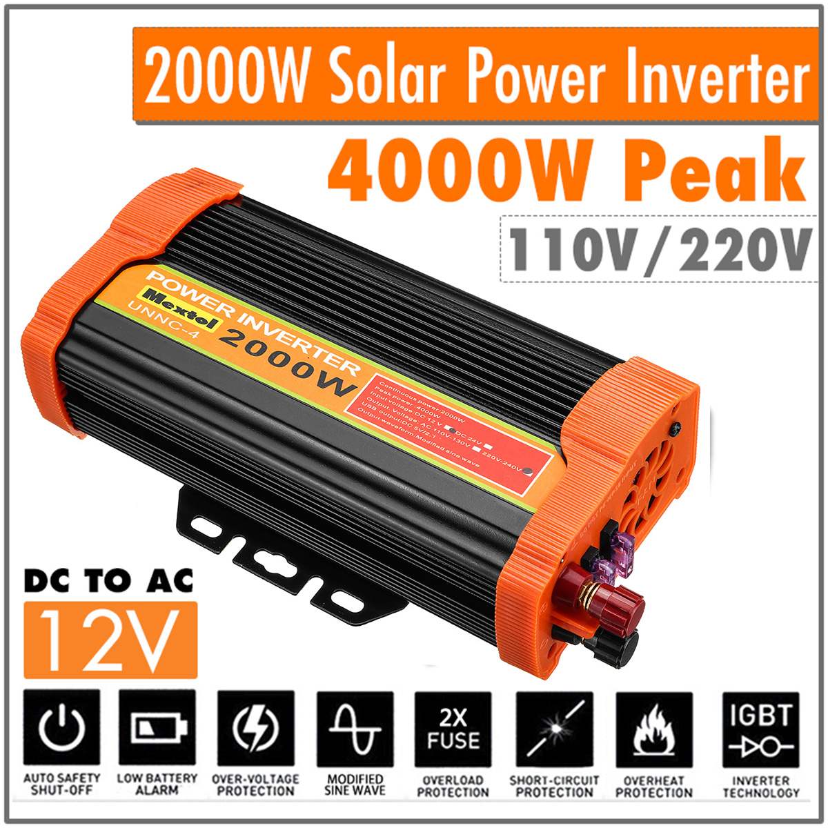4000W Solar Power Inverter 12V to 220V 2000W Car Power Inverter Charger Converter Adapter Modified Sine Wave Transformer