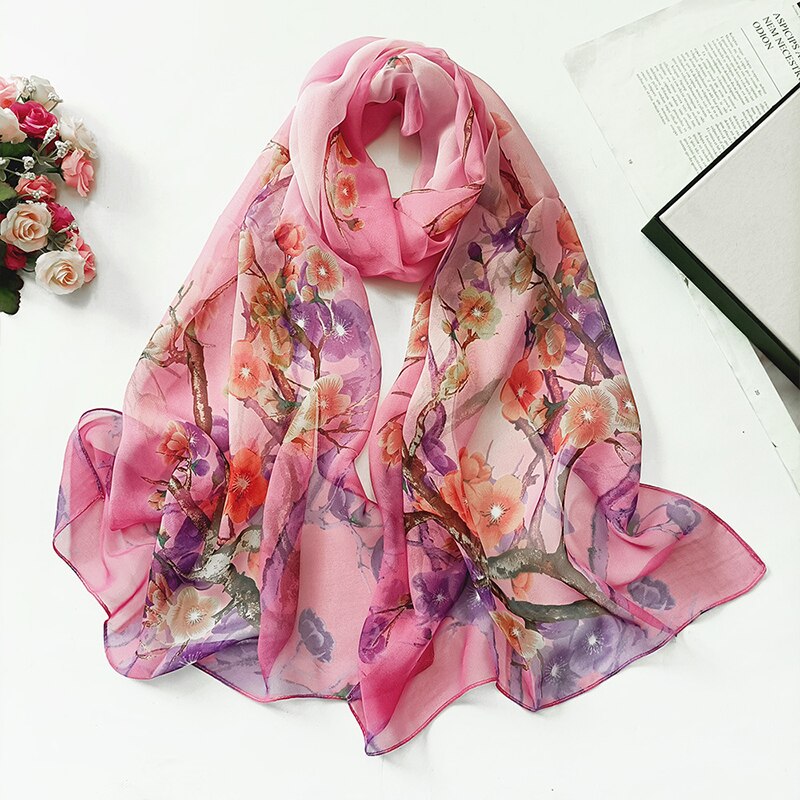 Mode Zon Zijden Sjaal Vrouwen Bloem Georgette Bandana Elegante Zee Strand Shawl Soft Hijab Lange Dunne Zijden Sjaal: 5