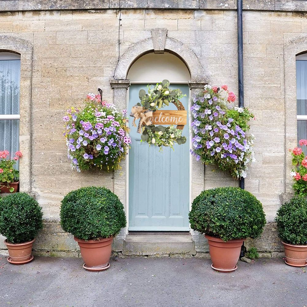 Couronne d'eucalyptus artificielle pour porte d'entrée, guirlande de feuilles de tulipe, signe de bienvenue, décoration de porche pour printemps et été