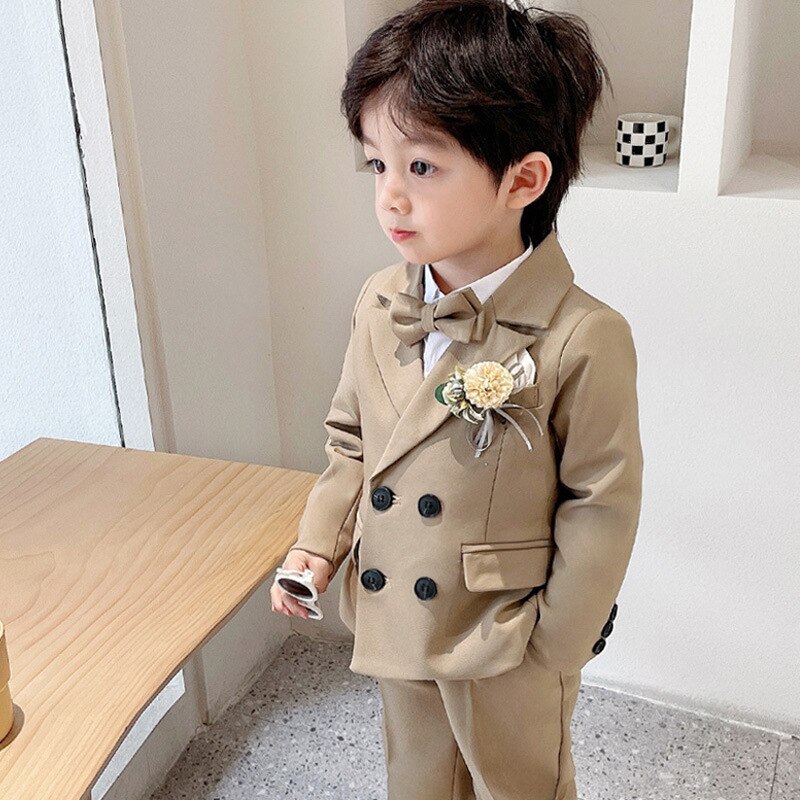 Conjunto de traje Formal de doble botonadura para niño, traje de Color sólido para de boda, traje de celebración, Blazer para niño, pantalones, conjunto de ropa de 2 piezas: khaki 2pcs / 4 años
