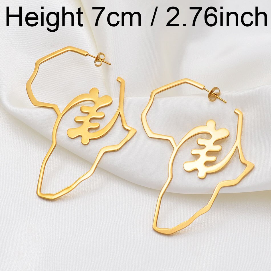 Anniyo Bigger Africa Map Earrings Gold Color Stainless Steel Adinkra Nyame Big Earrings Stud Ethnic large Jewelry Symbol #131221: 7cm Gold Color