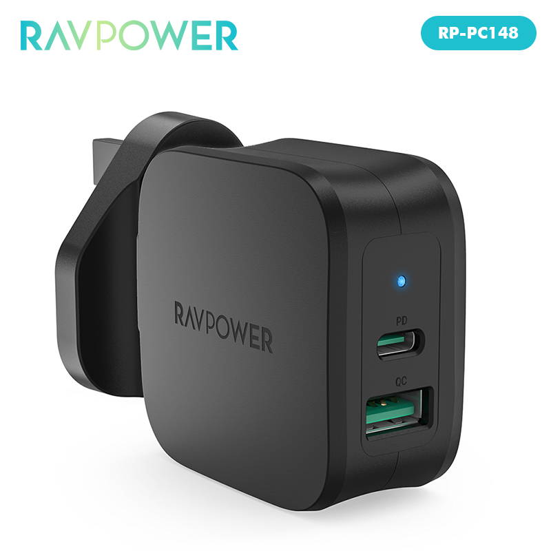 RAVPower-cargador rápido RP-PC148 de 25W, adaptador de carga rápida USB C, enchufe británico, PD, para iPhone 12 Pro Max MacBook Tablet: UK plug balck