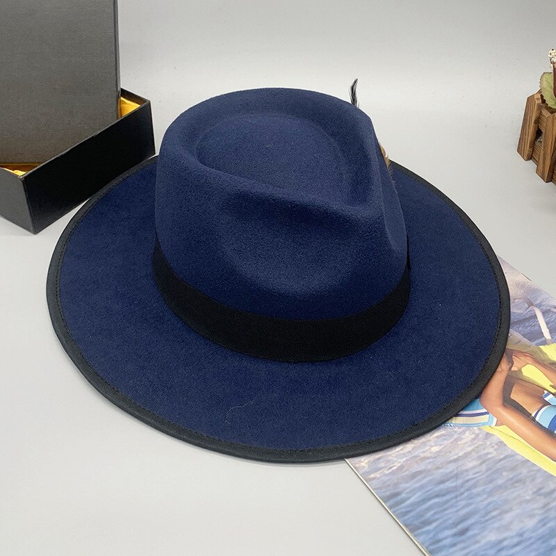 Men Women Retro Adjustable Blue Wool Blend Classical Homburg Hats Feather Band Fedora Caps Trilby Sunhat Jazz Winter Warm LM32